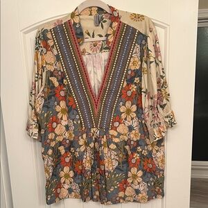 Bl^NK London Anthropologie Bohemian Embroidered Floral V-Neck Blouse Sz 1X